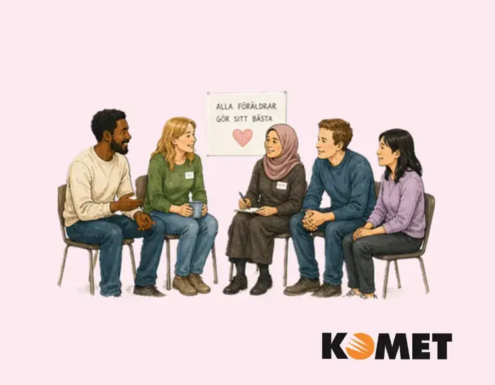Föräldragrupp i samtal. Skylt: Alla föräldrar gör sitt bästa. Komet.