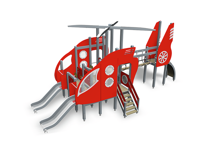 Helikopterformad lekställning med rutschkanor, stegar och klätternät.