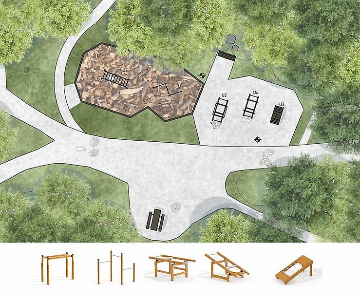 Illustration av nya utegymmet i Karlbergsskogen med fem redskap vid elljusspåret.